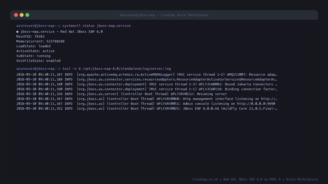 systemctl is-active and is-enabled both return active/enabled; systemctl show reports Type=simple, User=jboss, MainPID set, Description=Red Hat JBoss EAP 8.0; recent journal entries show WFLYUT0006 Undertow listeners on 0.0.0.0:8080 + 8443 and WFLYSRV0051 Admin console listening on http://0.0.0.0:9990, plus WFLYSRV0025 JBoss EAP 8.0 started in 5171ms