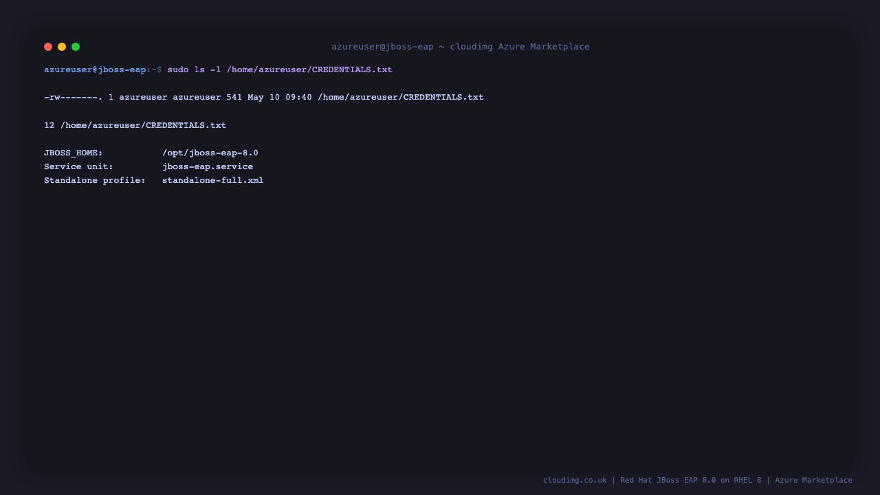 /home/azureuser/CREDENTIALS.txt contents — Red Hat JBoss EAP 8.0 per-VM credentials with Management Console URL, HTTP application URL, admin username, rotated 16-char admin password, JBOSS_HOME, service unit name, server log path, and standalone-full profile