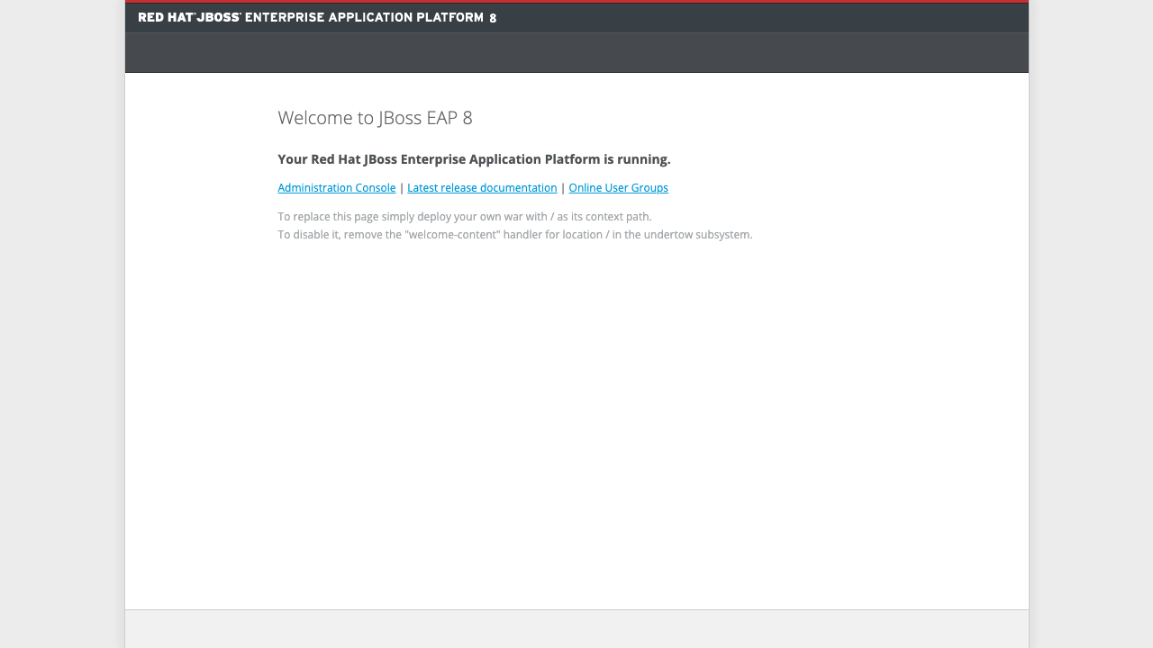 Default Red Hat JBoss EAP 8 welcome page rendered at http://<vm-public-ip>:8080/ — links to the Administration Console, Latest release documentation, and Online User Groups; instructions on replacing the page with a deployed WAR