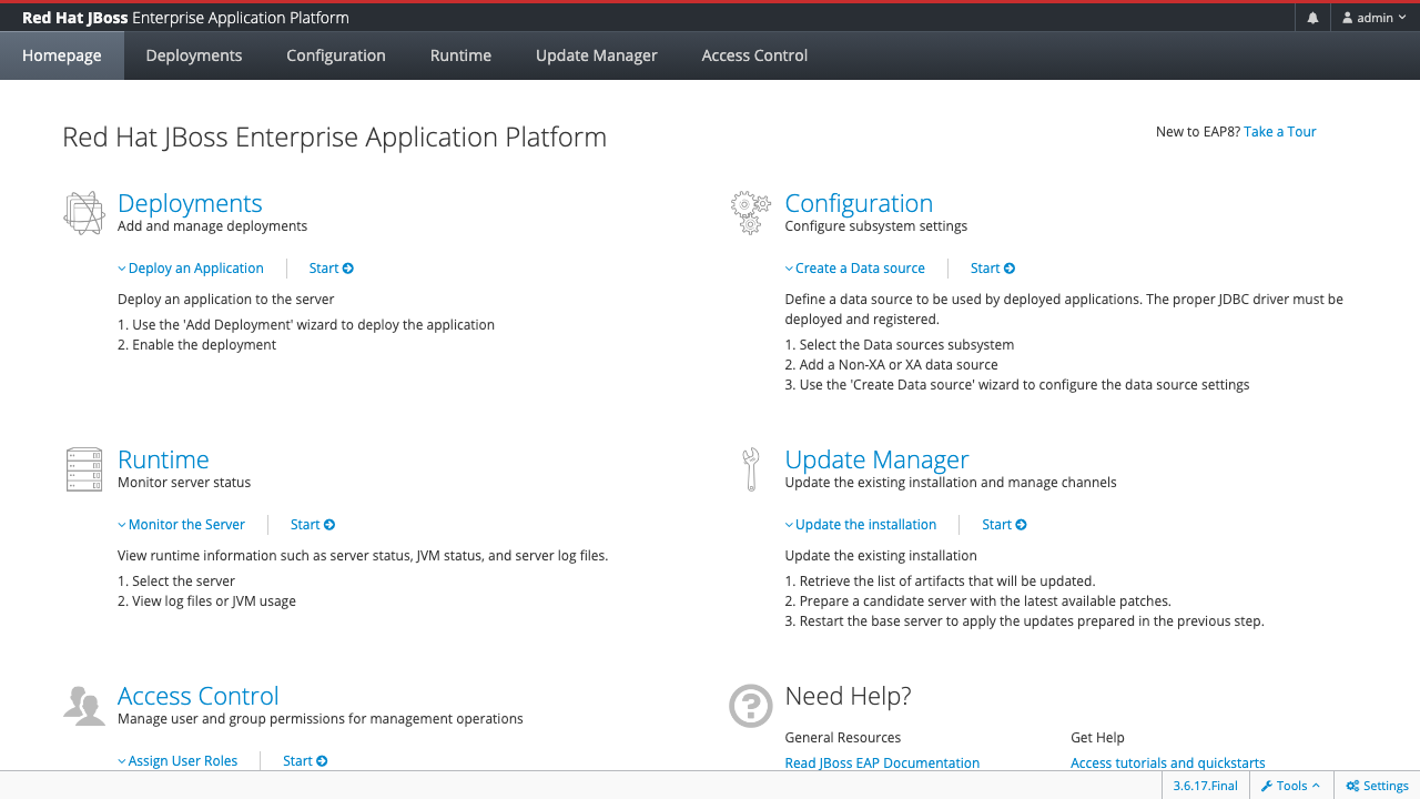 Red Hat JBoss EAP Management Console homepage — six top-level tabs (Homepage, Deployments, Configuration, Runtime, Update Manager, Access Control) with quick-action cards for Deploy an Application, Create a Data source, Monitor the Server, Update the installation, and Assign User Roles. Console version 3.7.14.Final shown in footer