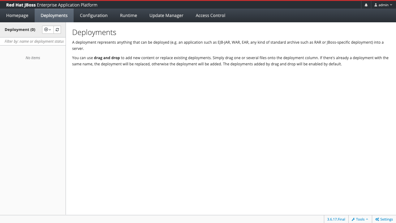 Management Console > Deployments tab — empty deployment list with drag-and-drop instructions for adding new content or replacing existing deployments