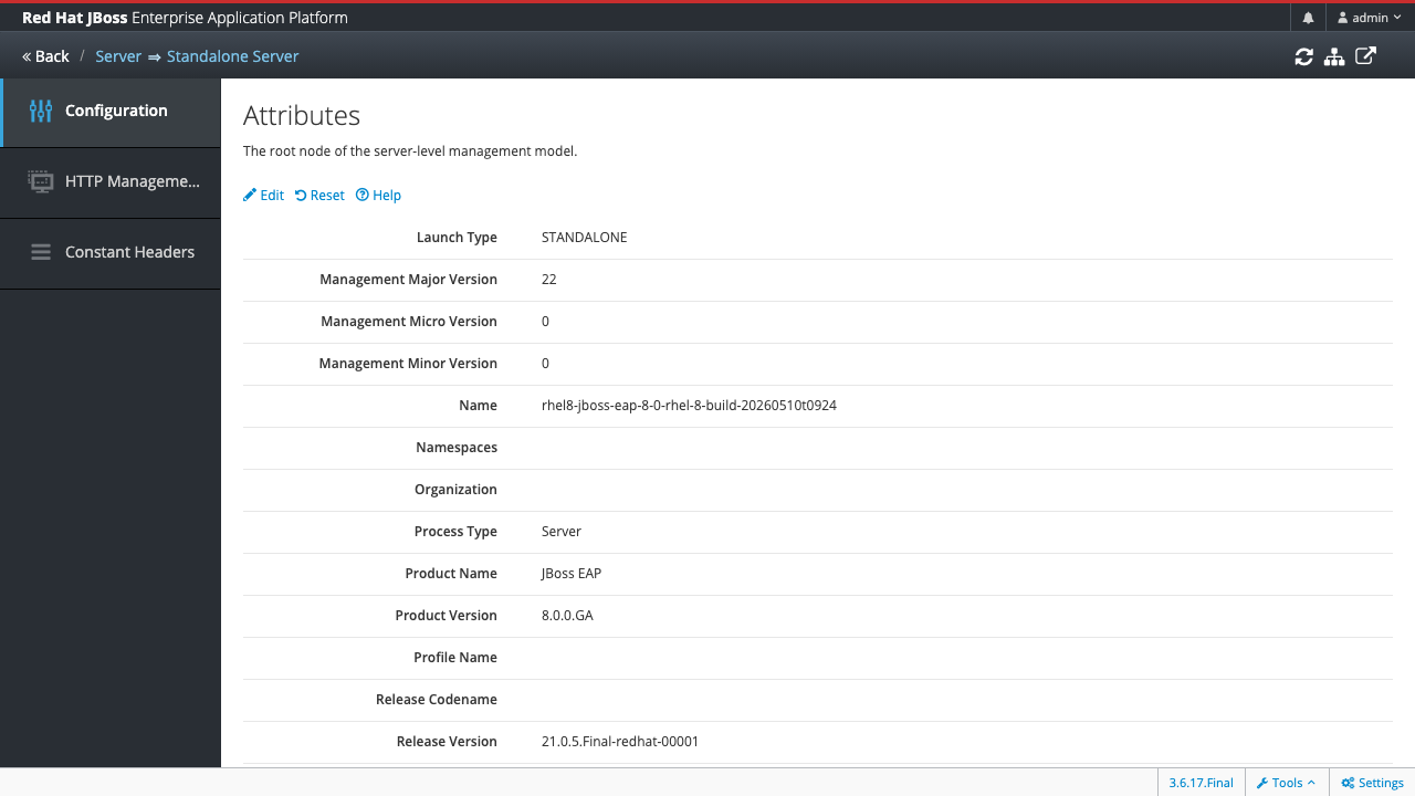 Management Console > Runtime tab — server tree on the left lists the cloudimg smoke VM hostname with a green check; description on the right notes that this is where you view runtime services like log files, JVM metrics and subsystem specific runtime data