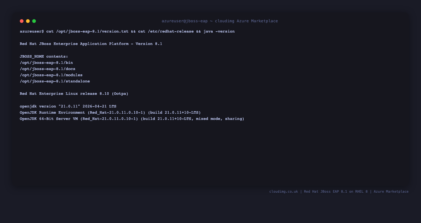 Red Hat JBoss EAP 8.1 version banner: cat /opt/jboss-eap-8.1/version.txt + /etc/redhat-release + java -version showing OpenJDK 21.0.11 LTS on RHEL 8.10