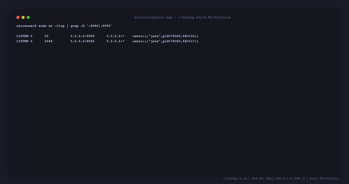 ss -tlnp grep showing two listeners — port 9990 owned by java pid for the Management Console, and port 8080 owned by the same java pid for HTTP deployed applications, both bound on 0.0.0.0