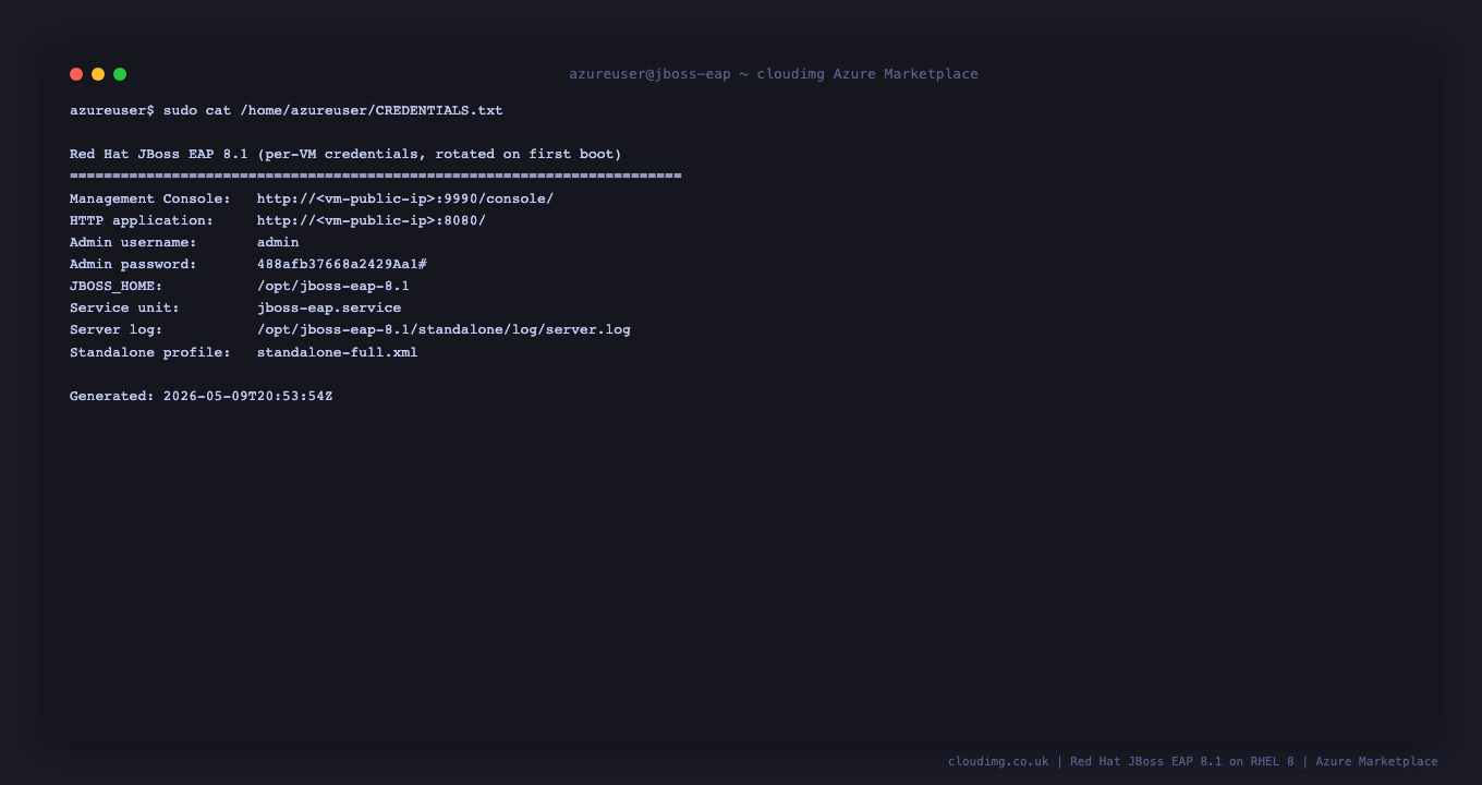 /home/azureuser/CREDENTIALS.txt contents — Red Hat JBoss EAP 8.1 per-VM credentials with Management Console URL, HTTP application URL, admin username, rotated 16-char admin password, JBOSS_HOME, service unit name, server log path, and standalone-full profile