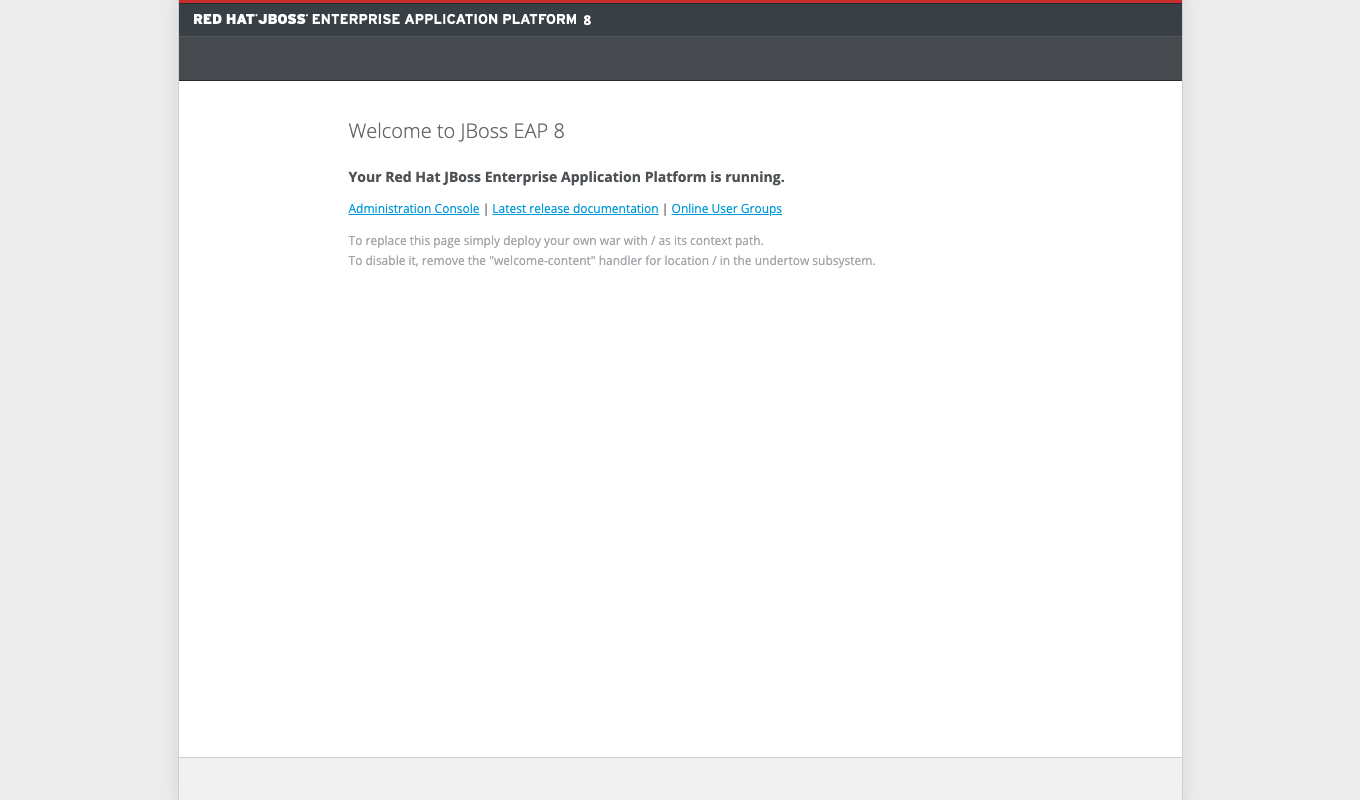 Default Red Hat JBoss EAP 8 welcome page rendered at http://<vm-public-ip>:8080/ — links to the Administration Console, Latest release documentation, and Online User Groups; instructions on replacing the page with a deployed WAR