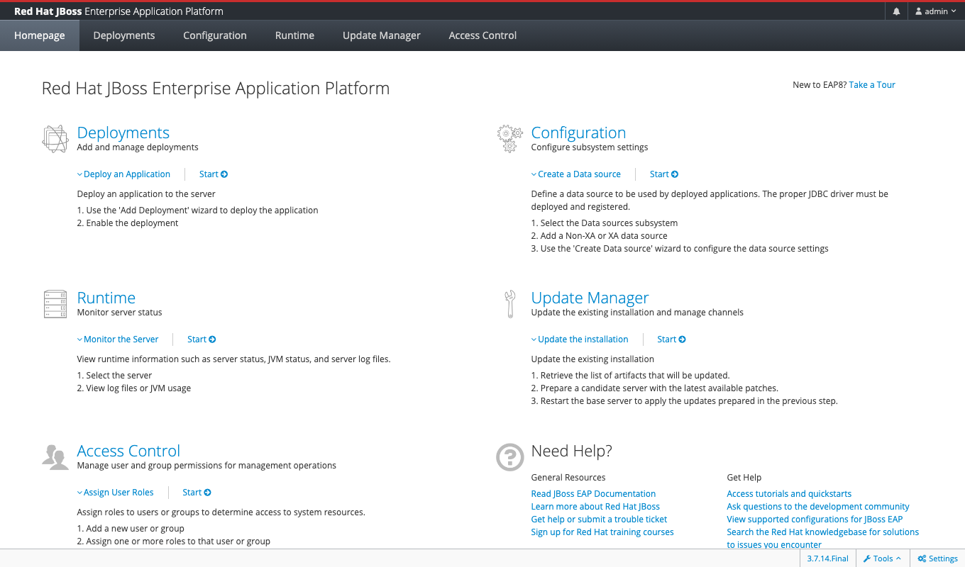 Red Hat JBoss EAP Management Console homepage — six top-level tabs (Homepage, Deployments, Configuration, Runtime, Update Manager, Access Control) with quick-action cards for Deploy an Application, Create a Data source, Monitor the Server, Update the installation, and Assign User Roles. Console version 3.7.14.Final shown in footer