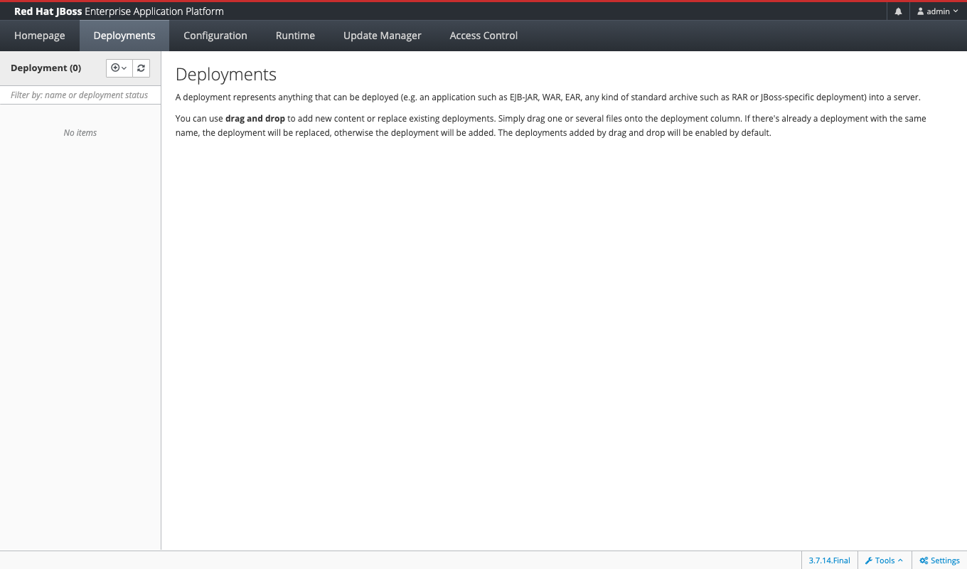 Management Console > Deployments tab — empty deployment list with drag-and-drop instructions for adding new content or replacing existing deployments