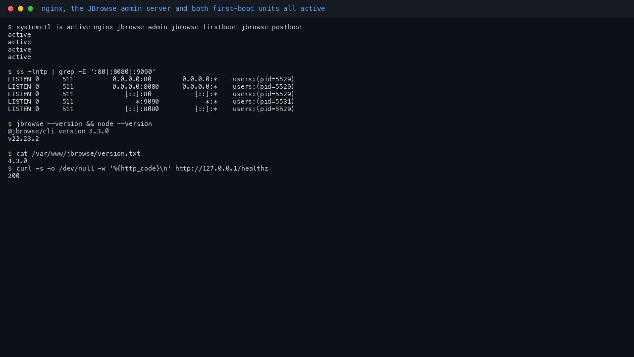 nginx, the JBrowse admin server and both first boot units all active, with the pinned JBrowse and Node versions
