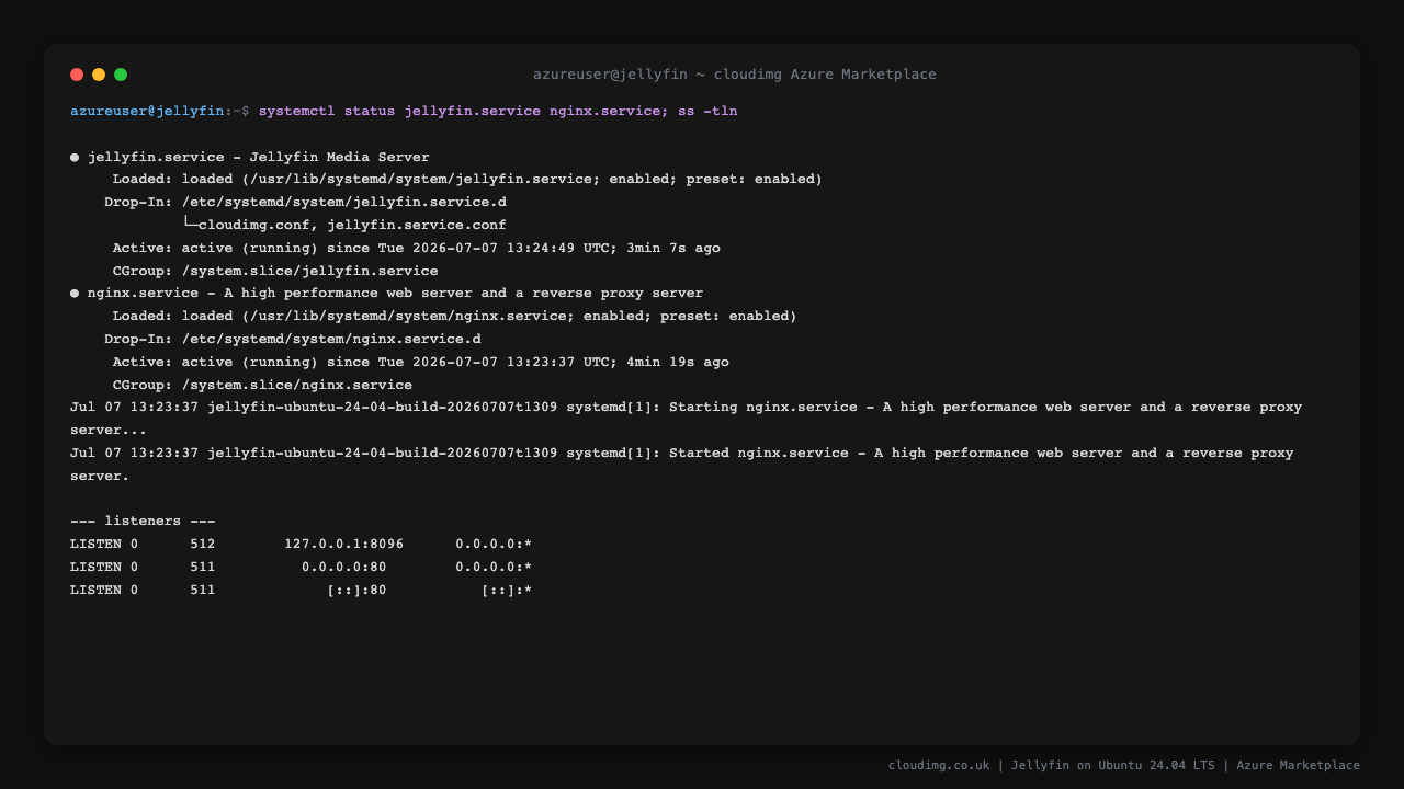 jellyfin.service and nginx.service active with the dedicated data disk mounted and both listeners bound