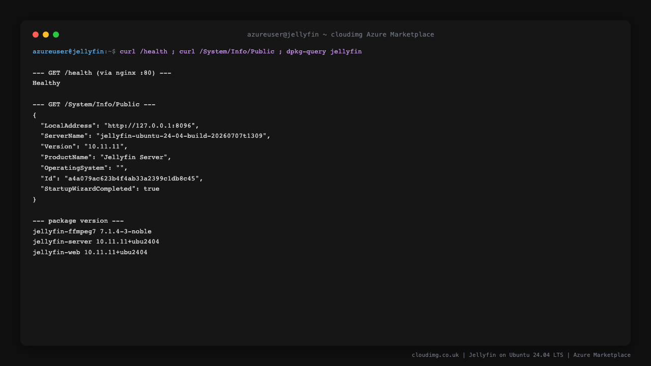 Jellyfin health endpoint returning Healthy, the public server info reporting version 10.x, and the installed package versions