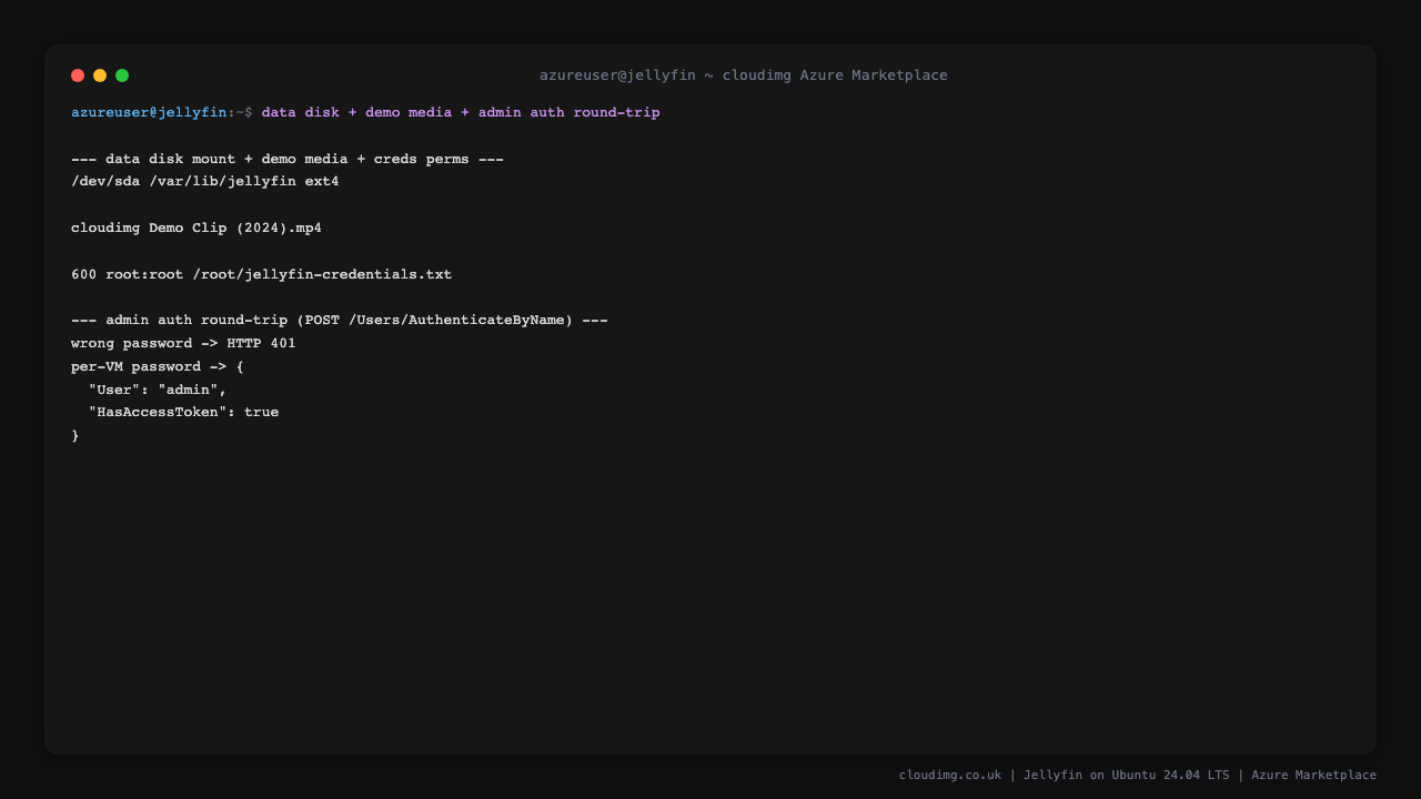 Data disk mount, demo media, credential file permissions, and the admin authentication round-trip rejecting a wrong password and accepting the per-VM password