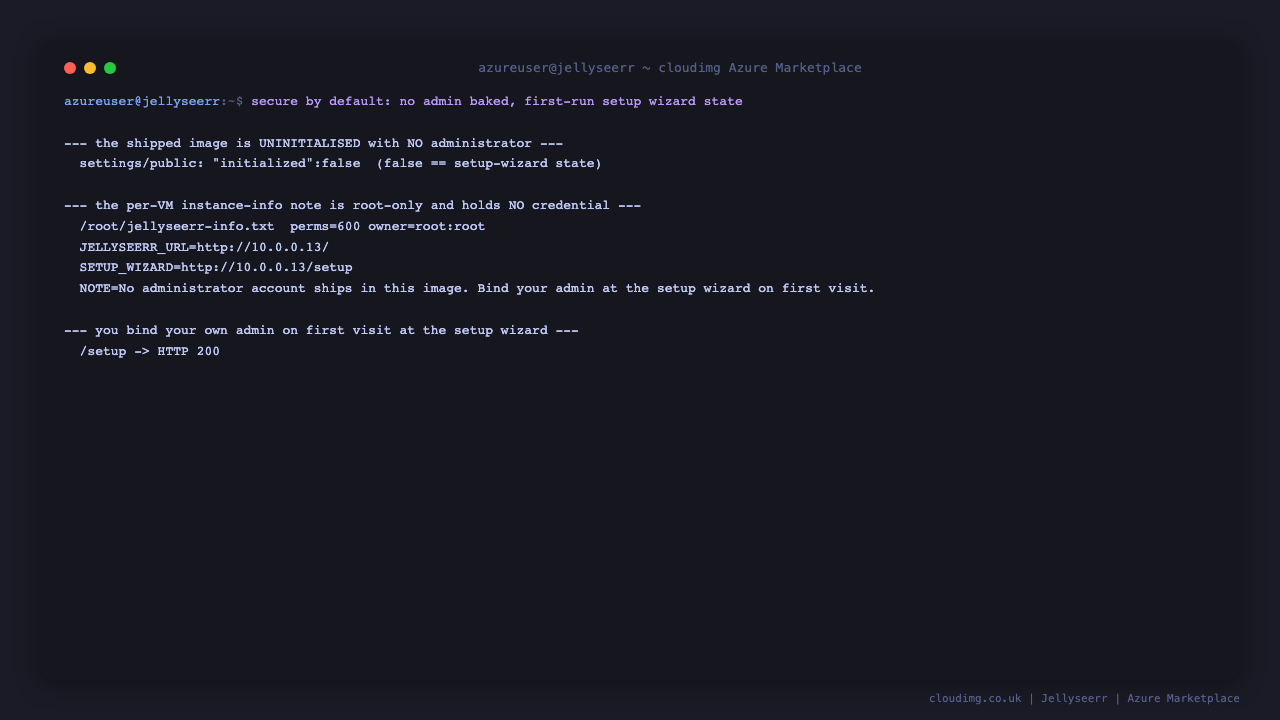 The shipped image reports initialized false and carries a root only instance info note that holds no credential, only the resolved application URL