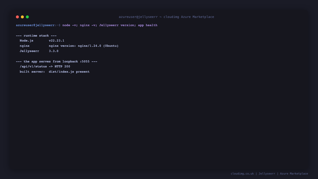 Node.js 22 LTS, nginx 1.24 and Jellyseerr 3.3.0, with the built server present and the app serving HTTP 200