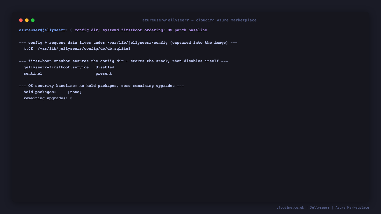 The Jellyseerr SQLite database on disk, the first boot service state, and an intact OS patch baseline with no held packages