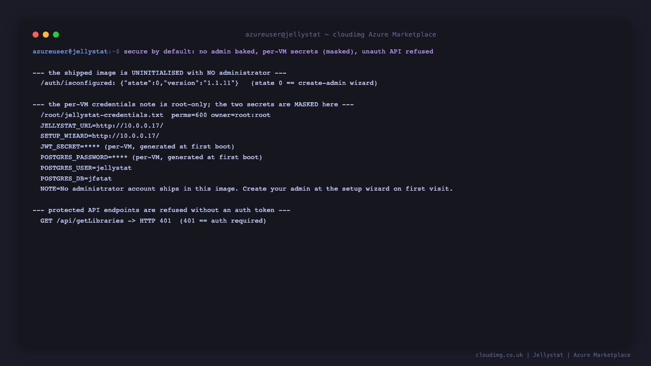 The shipped image reports state 0, carries a root only per VM credentials note with the JWT and database secrets masked, and refuses protected API calls without a token
