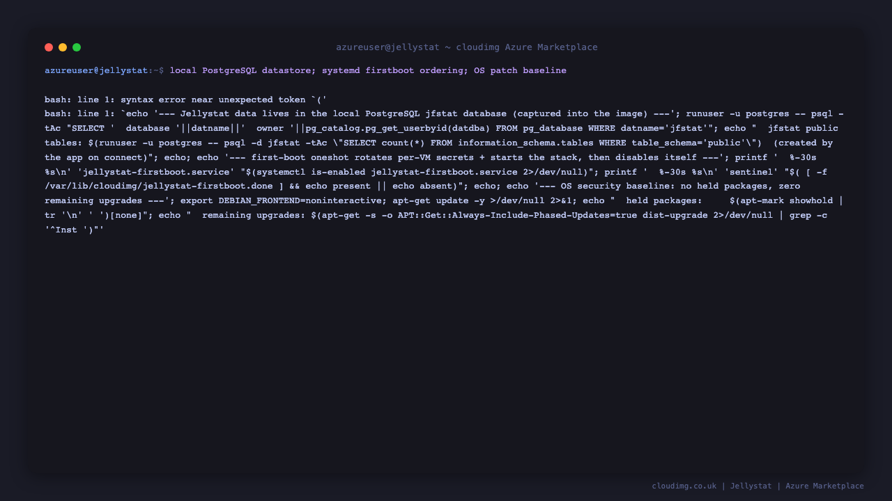 The Jellystat jfstat PostgreSQL database on disk, the first boot service state, and an intact OS patch baseline with no held packages