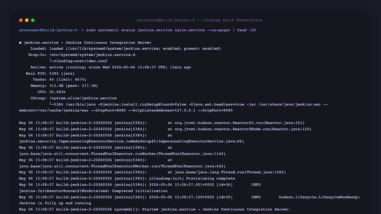 jenkins.service active (running) and nginx.service active (running) — both pre-enabled, listening on 127.0.0.1:8080 and 0.0.0.0:80 respectively