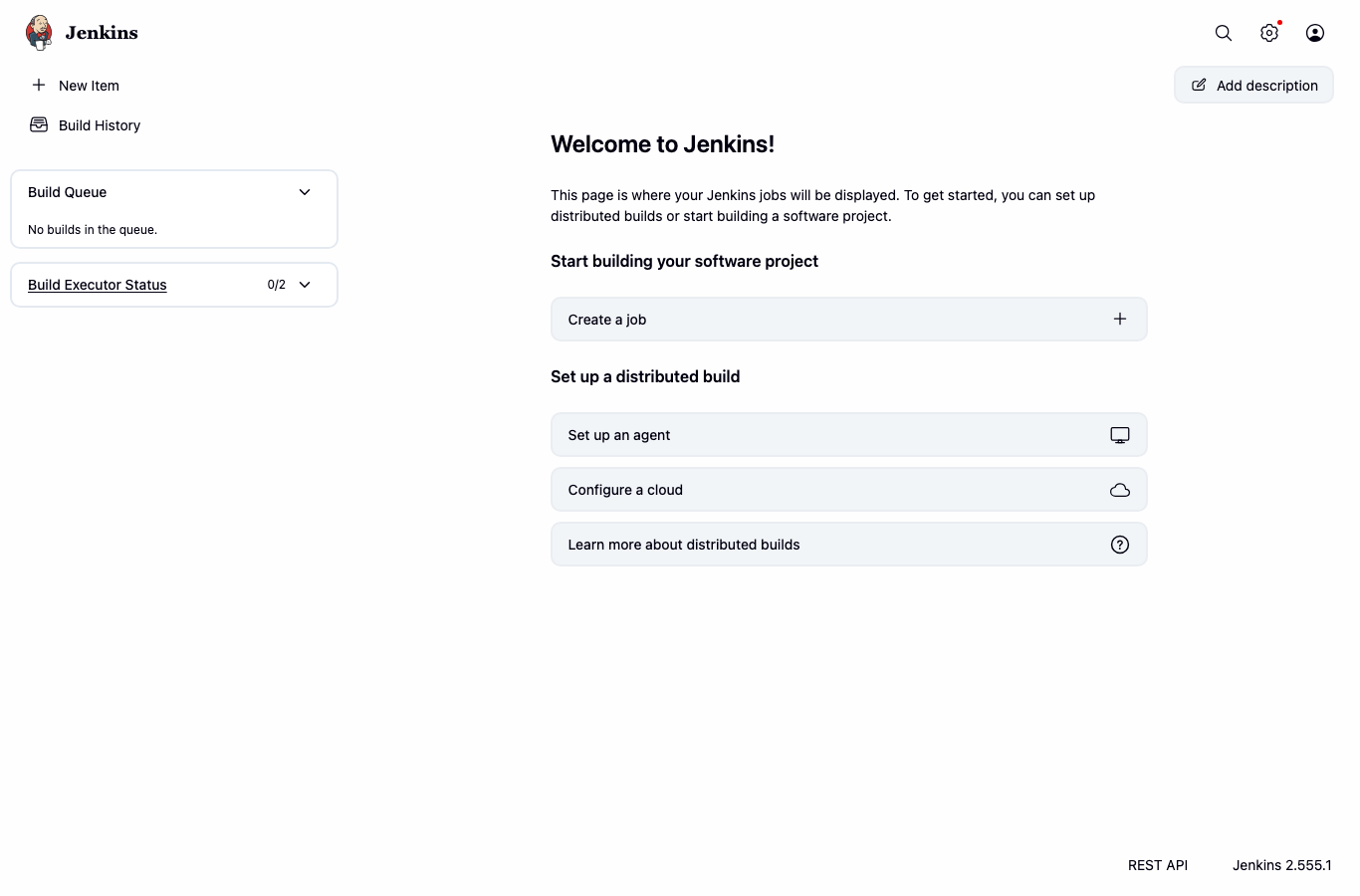 Jenkins 2.555.1 dashboard for the admin user — empty pipeline list, "New Item" call-to-action, build queue and executor status panes on the right
