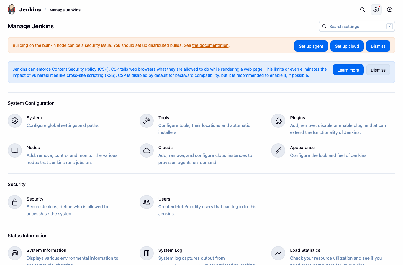 Jenkins Manage Jenkins page — System Configuration, Plugins, Tools, Nodes, Credentials, Security, Status sections all visible