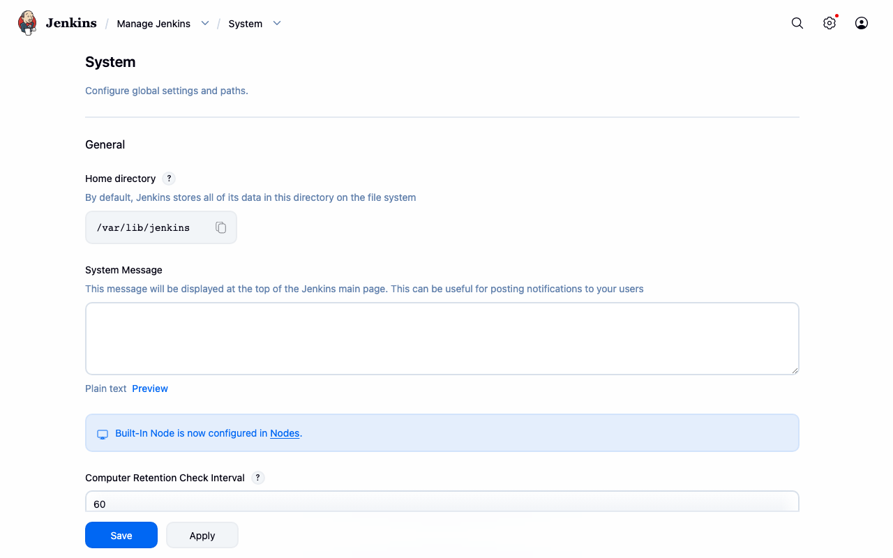 Manage Jenkins System configuration page