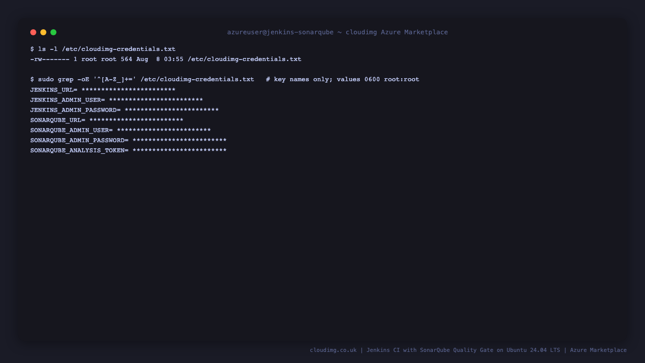 ls -l showing /etc/cloudimg-credentials.txt at mode 0600 root:root, and the credential key names with values masked