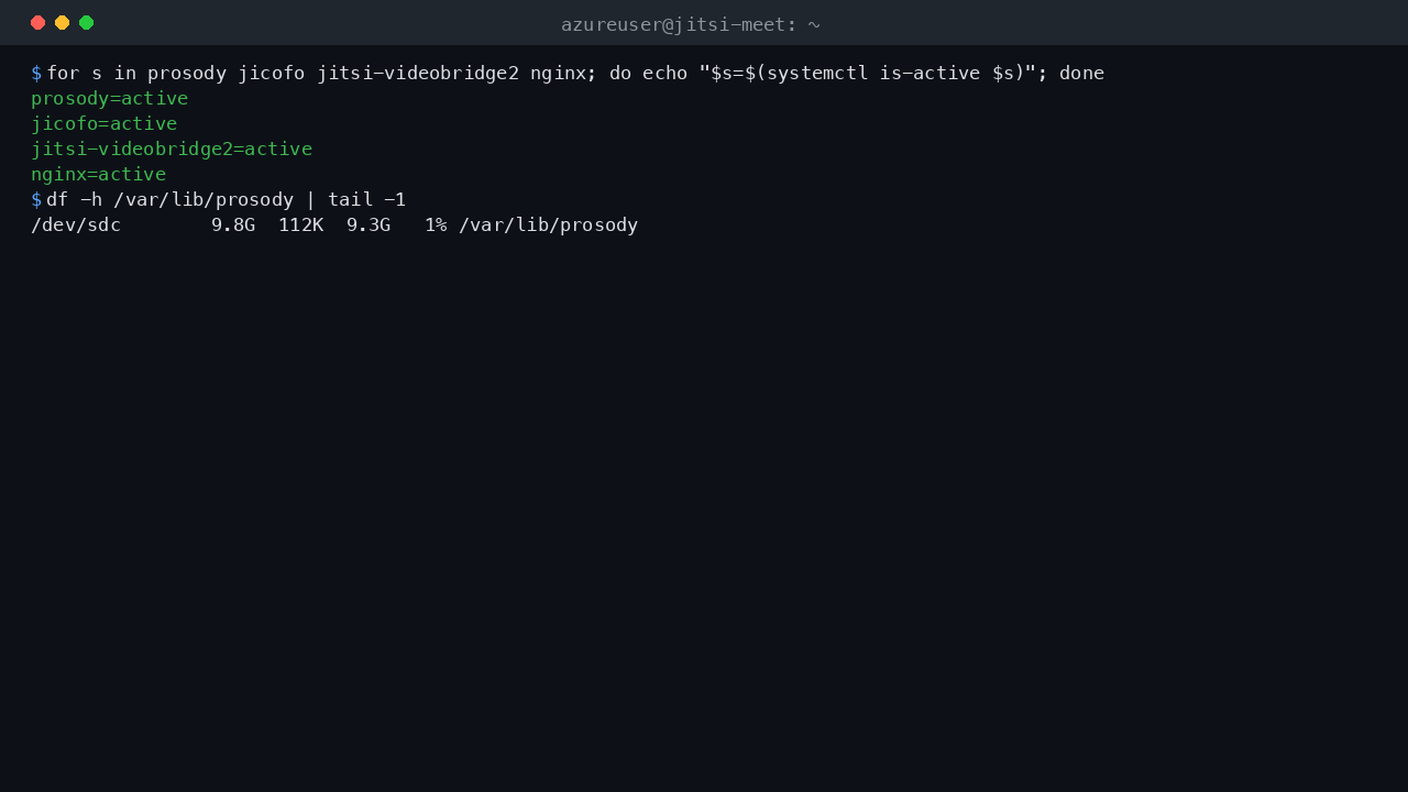 The four Jitsi services active and the dedicated data disk mounted at /var/lib/prosody