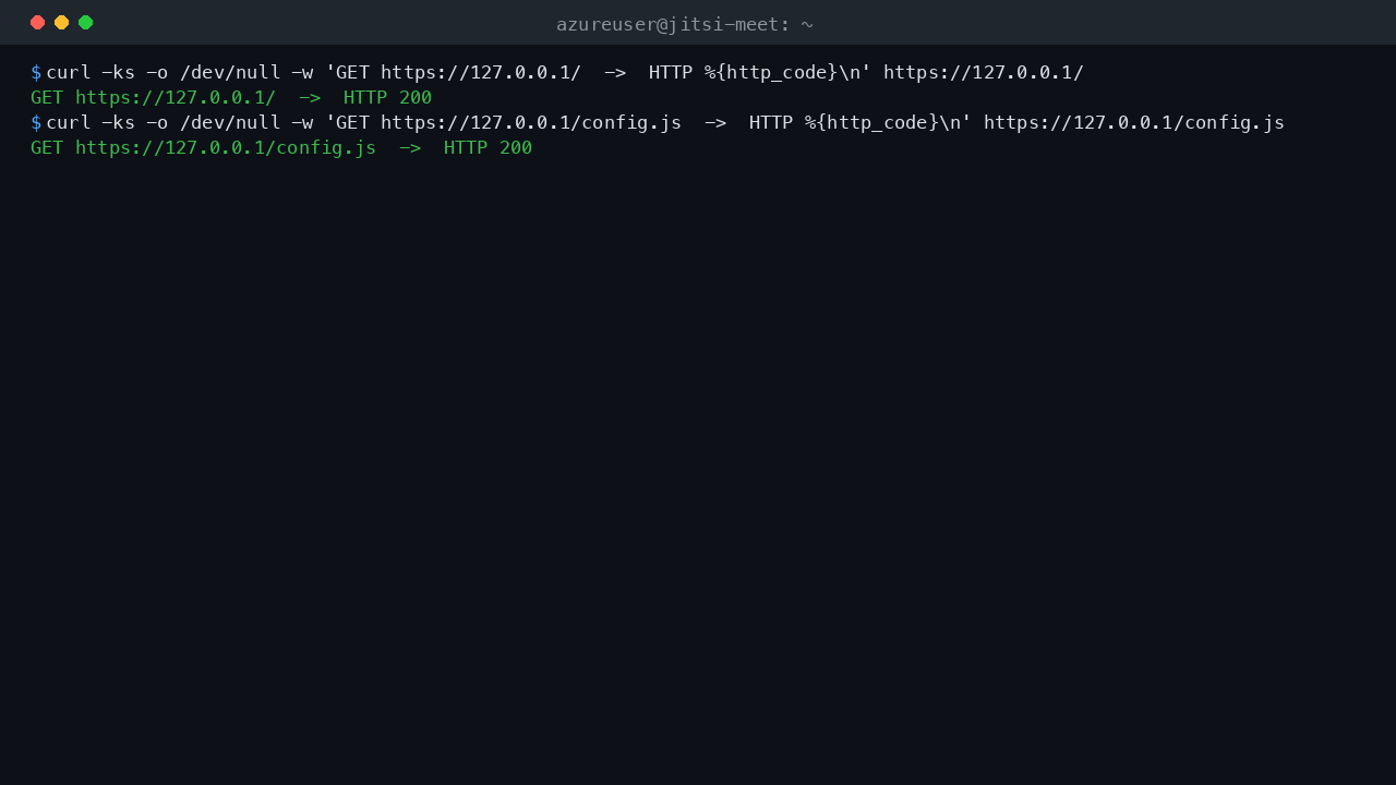 The Jitsi Meet web app and config.js returning HTTP 200 over HTTPS on the loopback interface