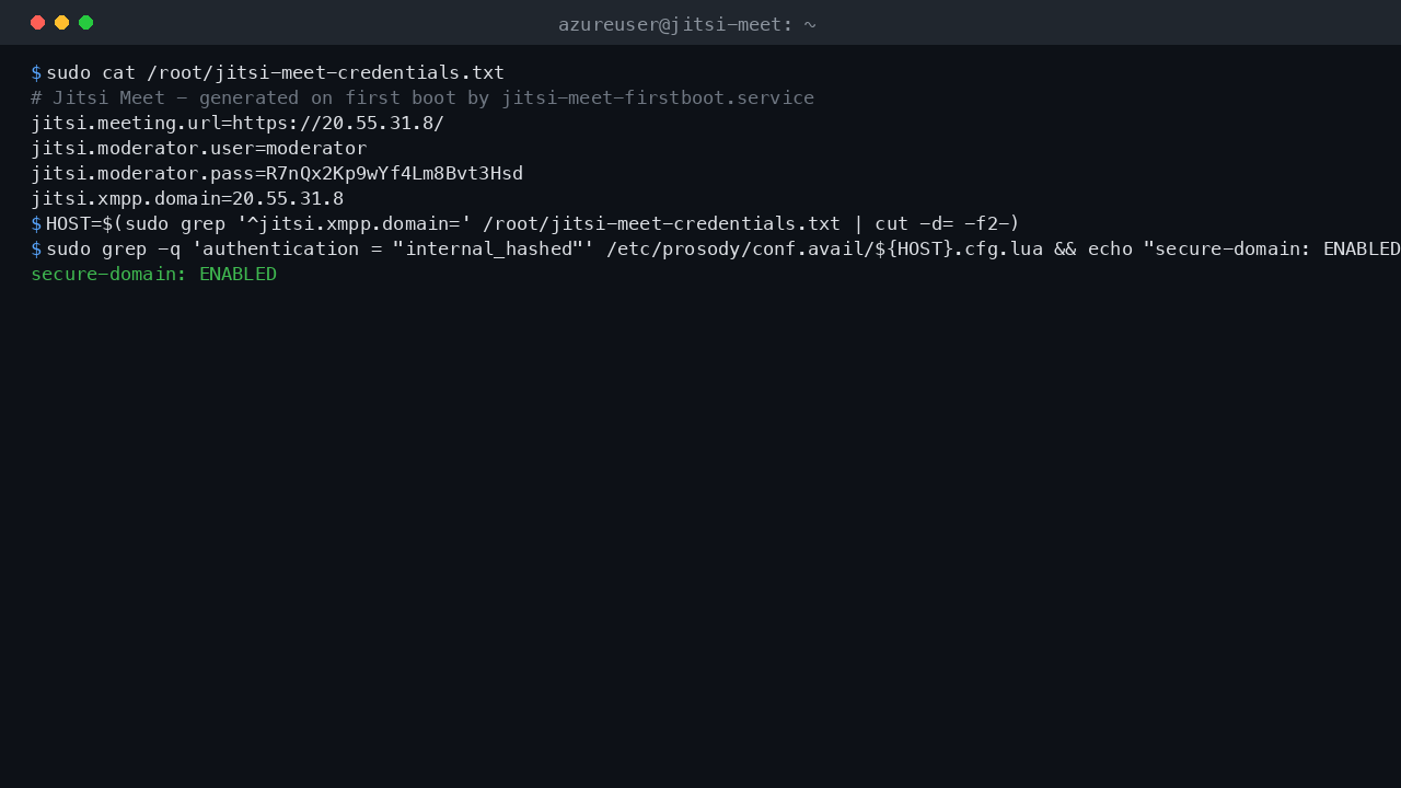 The per-VM moderator credentials file and the secure-domain authentication check reporting ENABLED