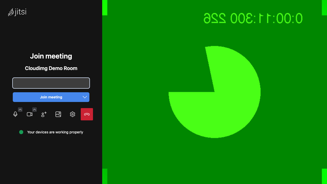 The Jitsi Meet device and settings view confirming the camera and microphone are working before joining