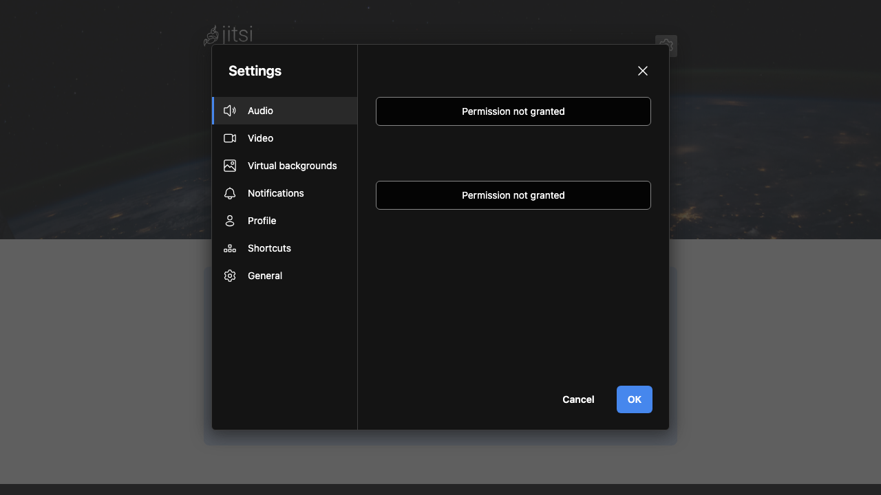 The Jitsi Meet Settings dialog covering audio, video, virtual backgrounds, notifications, profile, shortcuts and general options