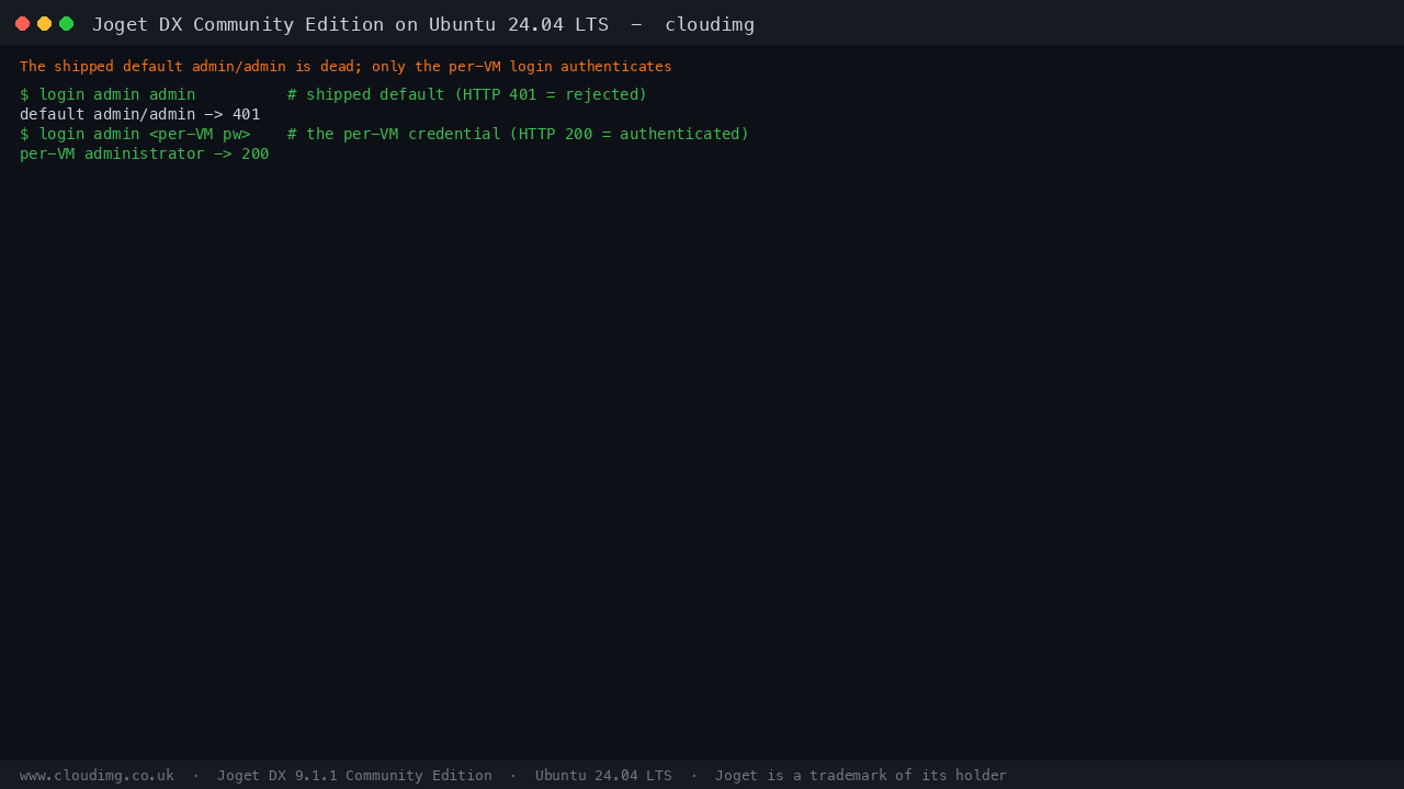 Joget login round trip: default rejected, per-VM accepted