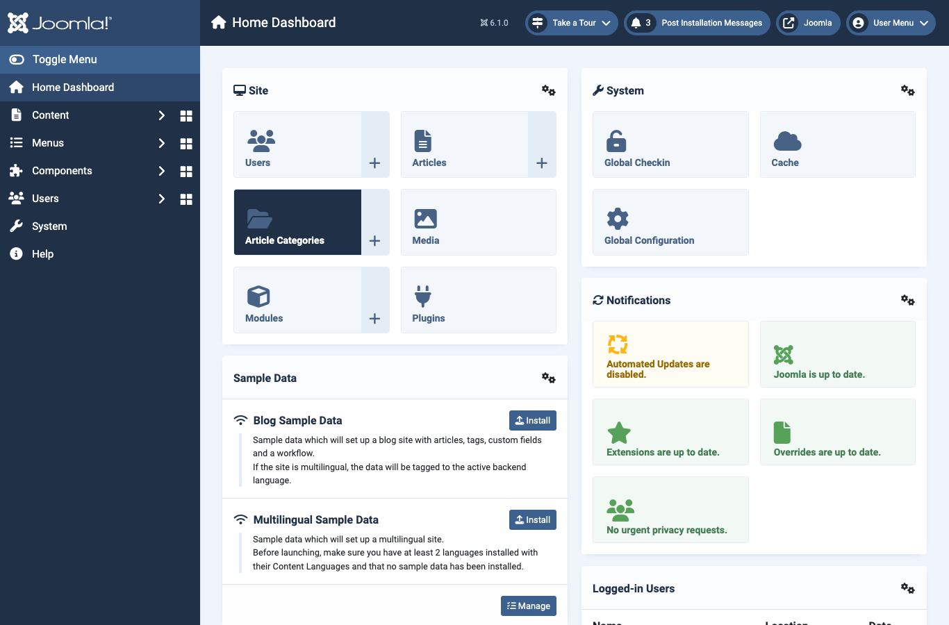 Joomla administrator control panel