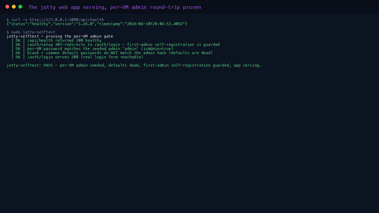 The /api/health endpoint returning healthy and the jotty-selftest proving the per-VM admin gate: app serving, setup guarded, defaults dead