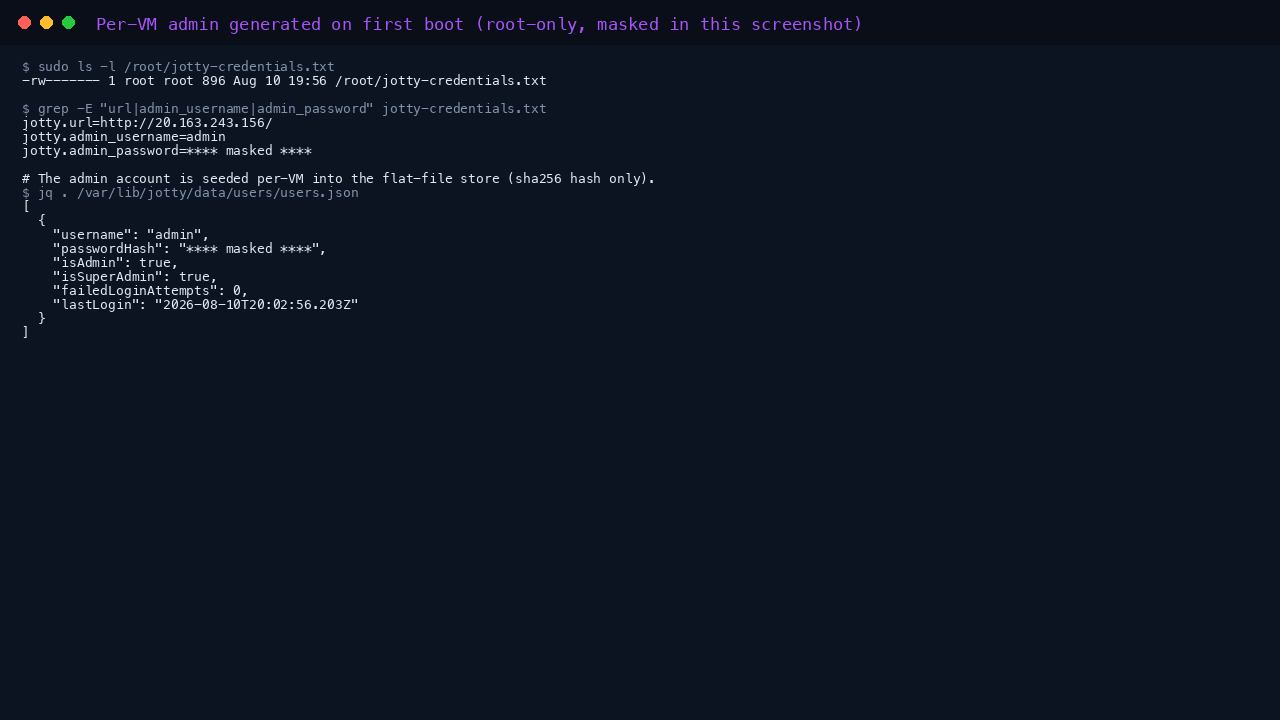 The root-only per-VM credentials file with the sign-in URL, admin username and generated password, and the seeded admin record in the flat-file store with the password hash (both masked here)