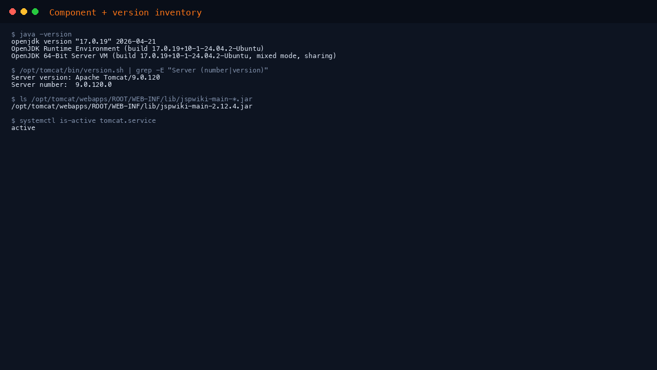 java -version and the Tomcat server version confirming OpenJDK 17 and Apache Tomcat 9 with the tomcat service active