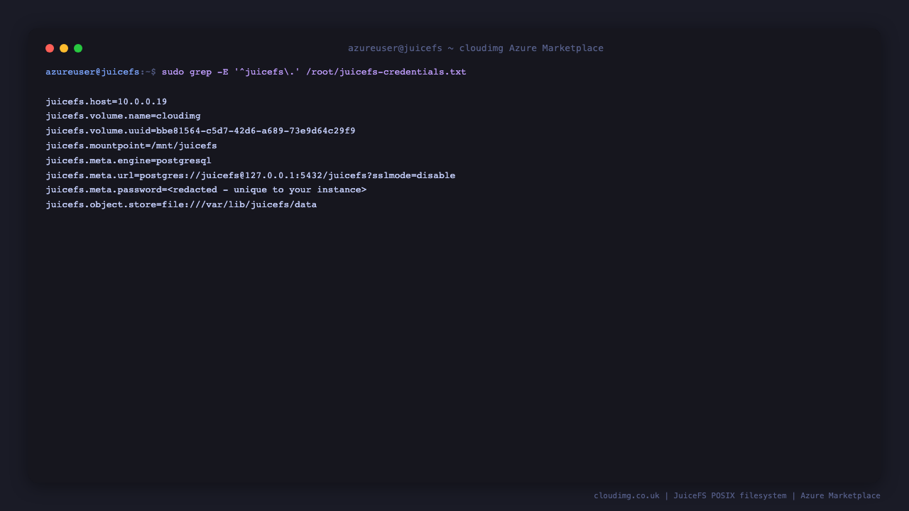 The per instance JuiceFS credentials file showing the volume name cloudimg, a unique volume UUID, the mount point slash mnt slash juicefs, the postgresql metadata engine and its loopback URL, the metadata password masked, and the local object store path, all generated on first boot