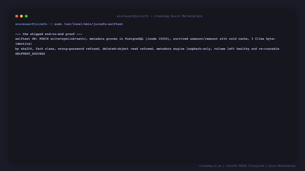 The shipped JuiceFS self test running to completion and reporting selftest OK, confirming POSIX write, symlink and extended attribute support, metadata proven in PostgreSQL by inode, survival of an unmount and remount with a cold cache, three files byte identical by sha256, a clean fsck, a wrong password refused, a deleted object read refused, and the metadata engine reachable on loopback only