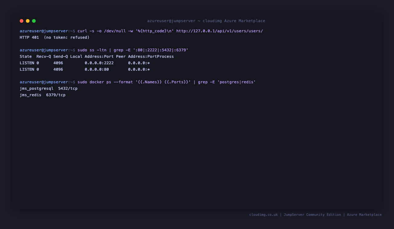 The API refuses requests with no token, and neither PostgreSQL nor Valkey is reachable from the host
