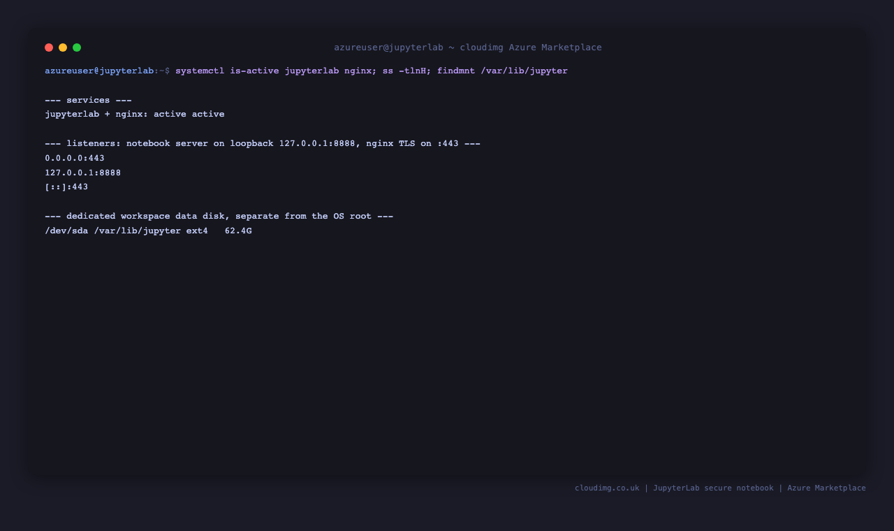 The jupyterlab and nginx services active, the notebook server listening on loopback 127.0.0.1:8888 only, nginx TLS on 443, and the dedicated workspace data disk mounted at /var/lib/jupyter