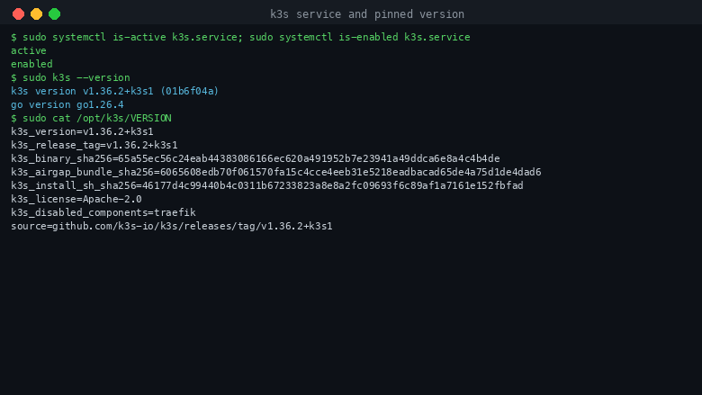 The k3s service reporting active and enabled, k3s version v1.36.2+k3s1 with its Go build version, and the VERSION provenance file listing the pinned release tag alongside the verified sha256 digests of the k3s binary, the bundled cluster image set and the official installer script