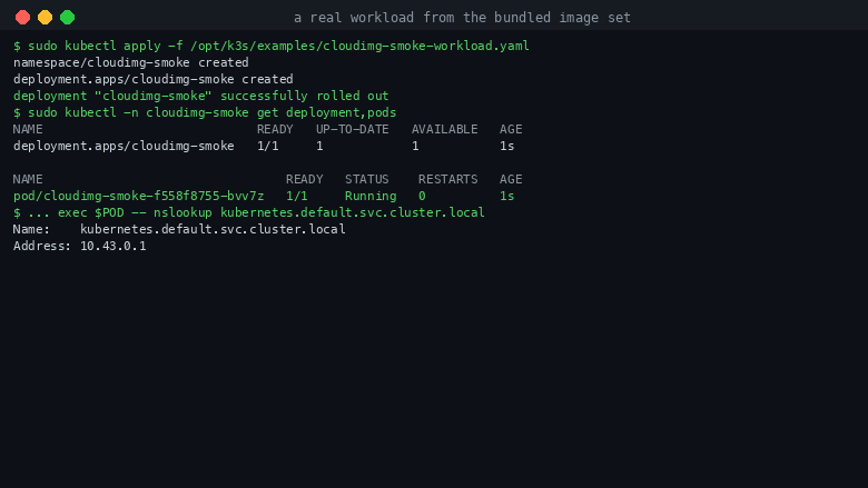 A digest pinned example Deployment applied to the cluster and successfully rolled out to one of one replicas reporting Available, and the running pod resolving the kubernetes default service through in cluster CoreDNS to the cluster service address