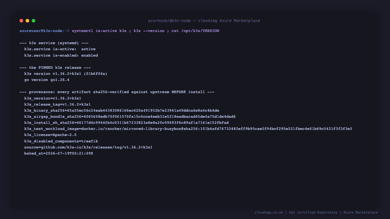 The k3s service reporting active and enabled, k3s version v1.36.2+k3s1 with its Go build version, and the VERSION provenance file listing the pinned release tag alongside the verified sha256 digests of the k3s binary, the bundled cluster image set and the official installer script