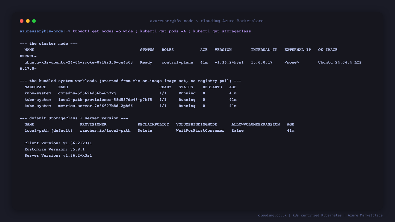 The cluster node reporting Ready with the control plane role and the pinned k3s version alongside its containerd runtime, the three bundled system pods for CoreDNS, the local path provisioner and metrics server all Running, and the local path default StorageClass