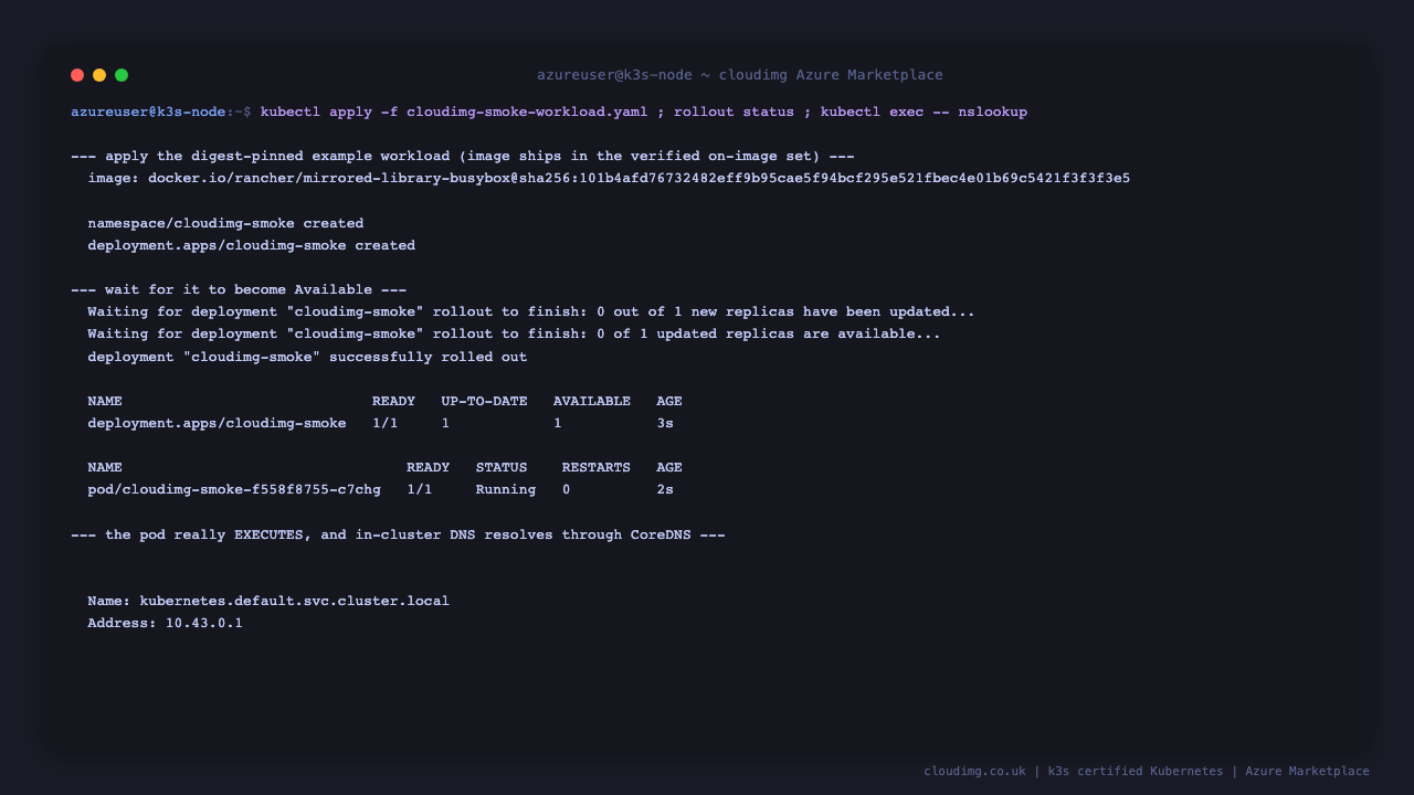 A digest pinned example Deployment applied to the cluster and successfully rolled out to one of one replicas reporting Available, and the running pod resolving the kubernetes default service through in cluster CoreDNS to the cluster service address