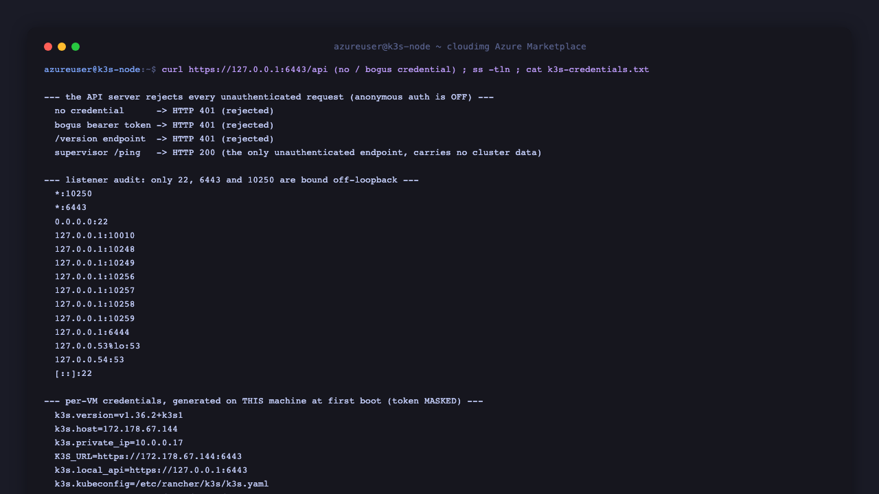 The API server rejecting an anonymous request, a bogus bearer token and the version endpoint each with HTTP 401 while only the supervisor ping liveness probe answers 200, and the listening socket audit showing exactly three ports bound on all interfaces with the scheduler, controller manager, kube-proxy and container runtime all bound to loopback only