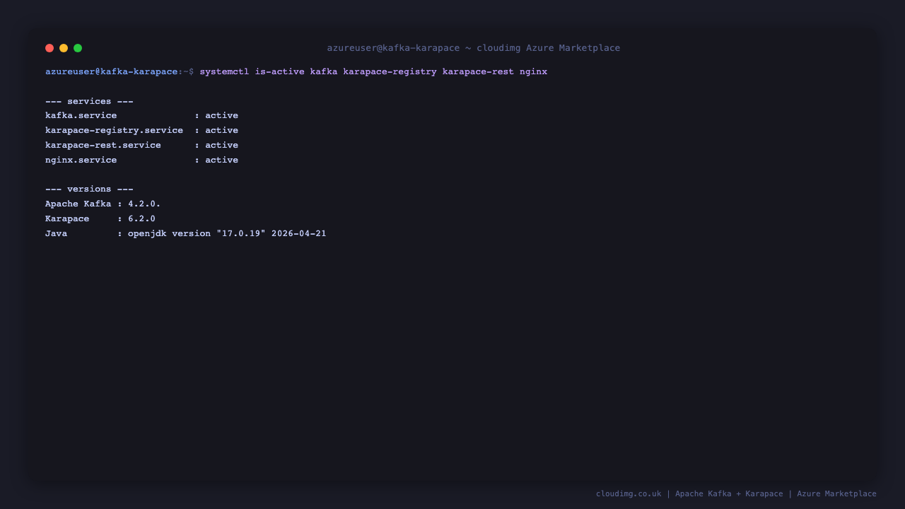 kafka, karapace-registry, karapace-rest and nginx services active; Kafka 4.2.0 and Karapace 6.2.0 installed