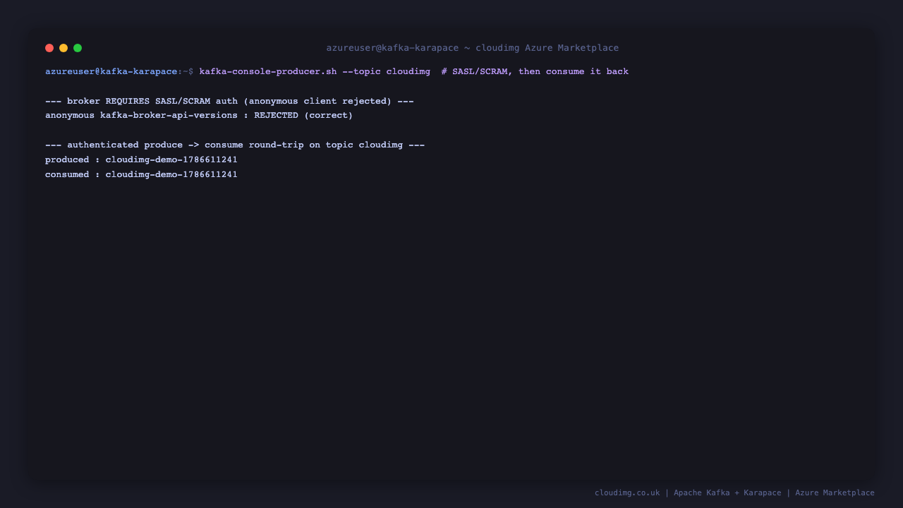 Anonymous Kafka client rejected; authenticated produce and consume round-trip on the cloudimg topic