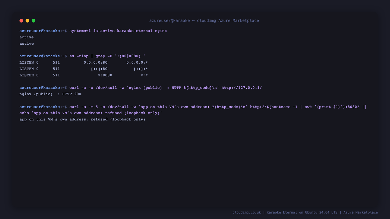 Karaoke Eternal and nginx running, with the application bound to loopback only