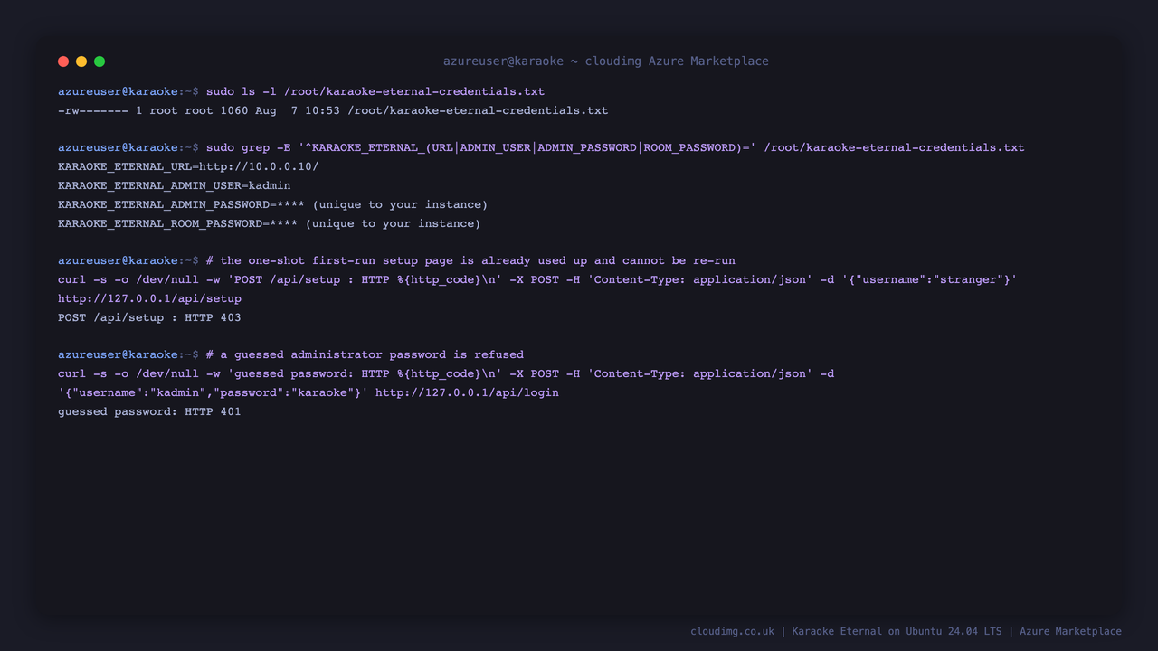 The per instance credentials file, the closed setup page, and a guessed password being refused